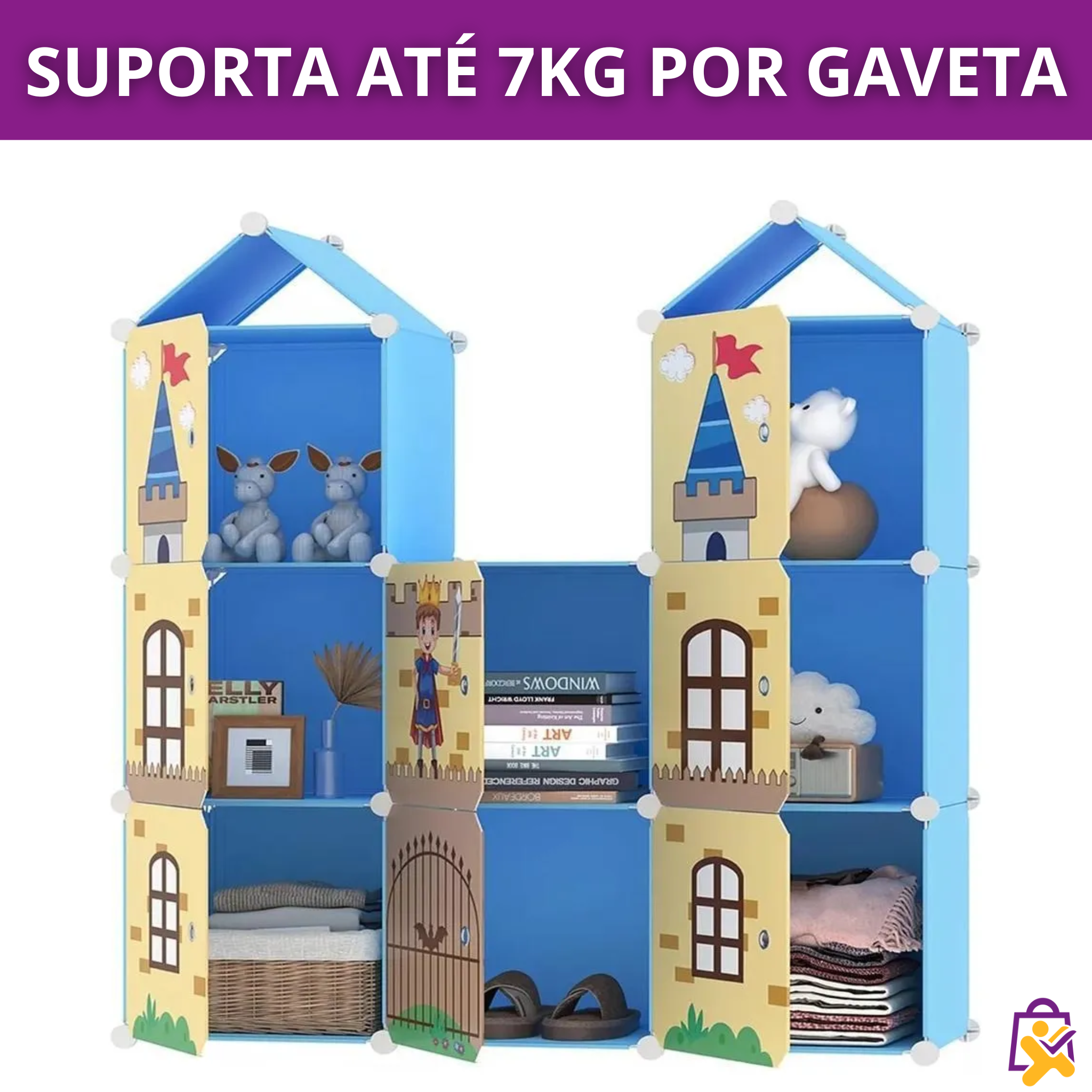 Armário Infantil Modular Castelo Azul Plástico Organizador Roupas Brinquedos Criança DIY Multiuso