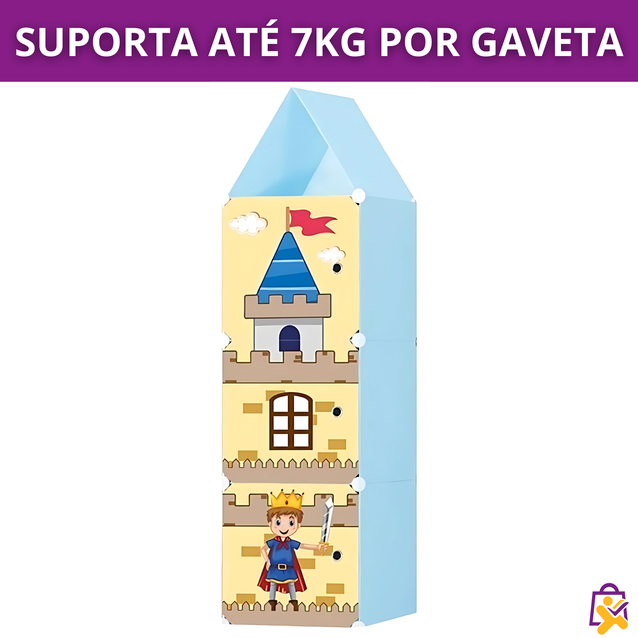 Organizador Infantil Modular Castelo Cavaleiro 3 Portas Colorido Divertido DIY Roupas Brinquedos