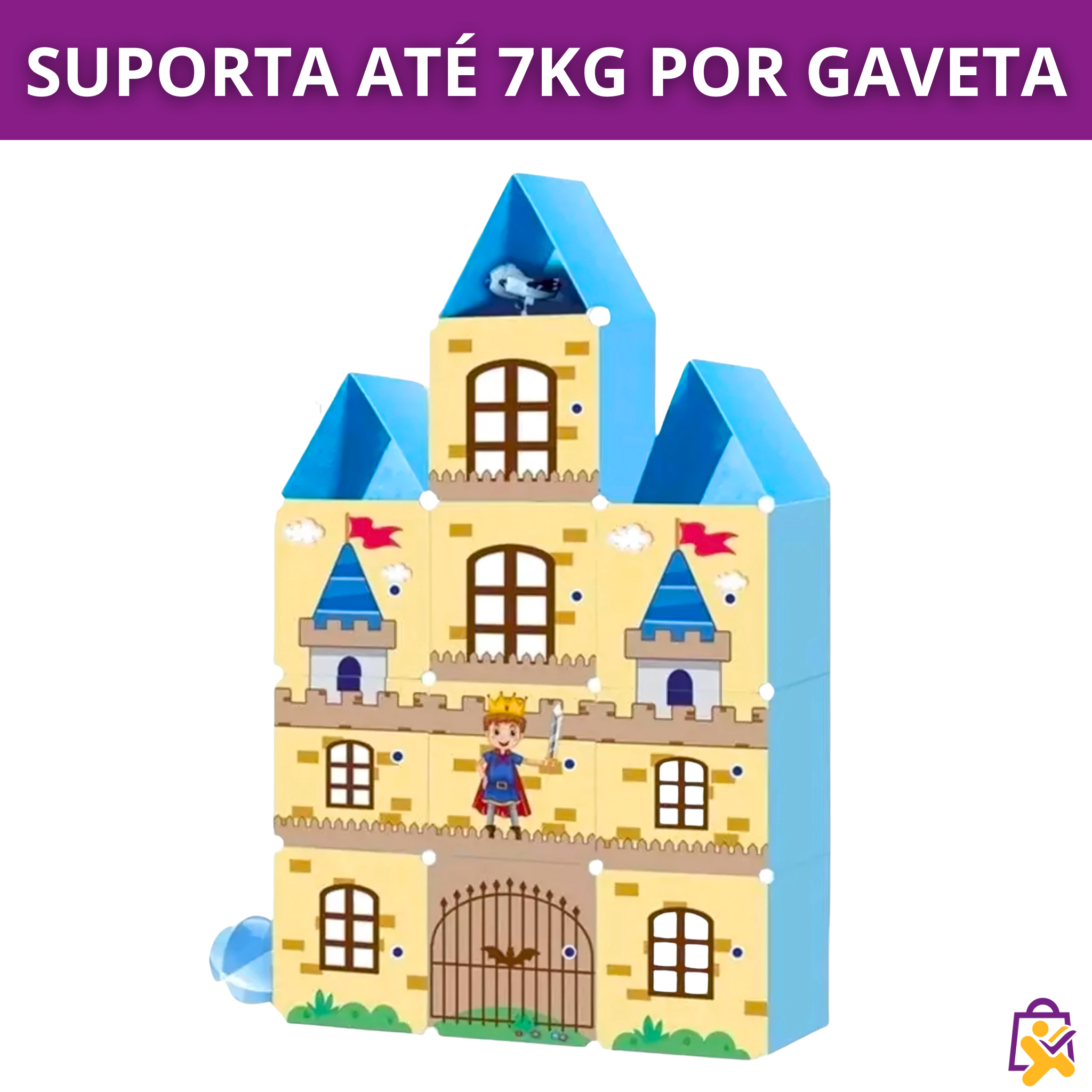 Organizador Infantil Modular Castelo Cavaleiro Azul 12 Cubos Telhado Roupas Brinquedos DIY