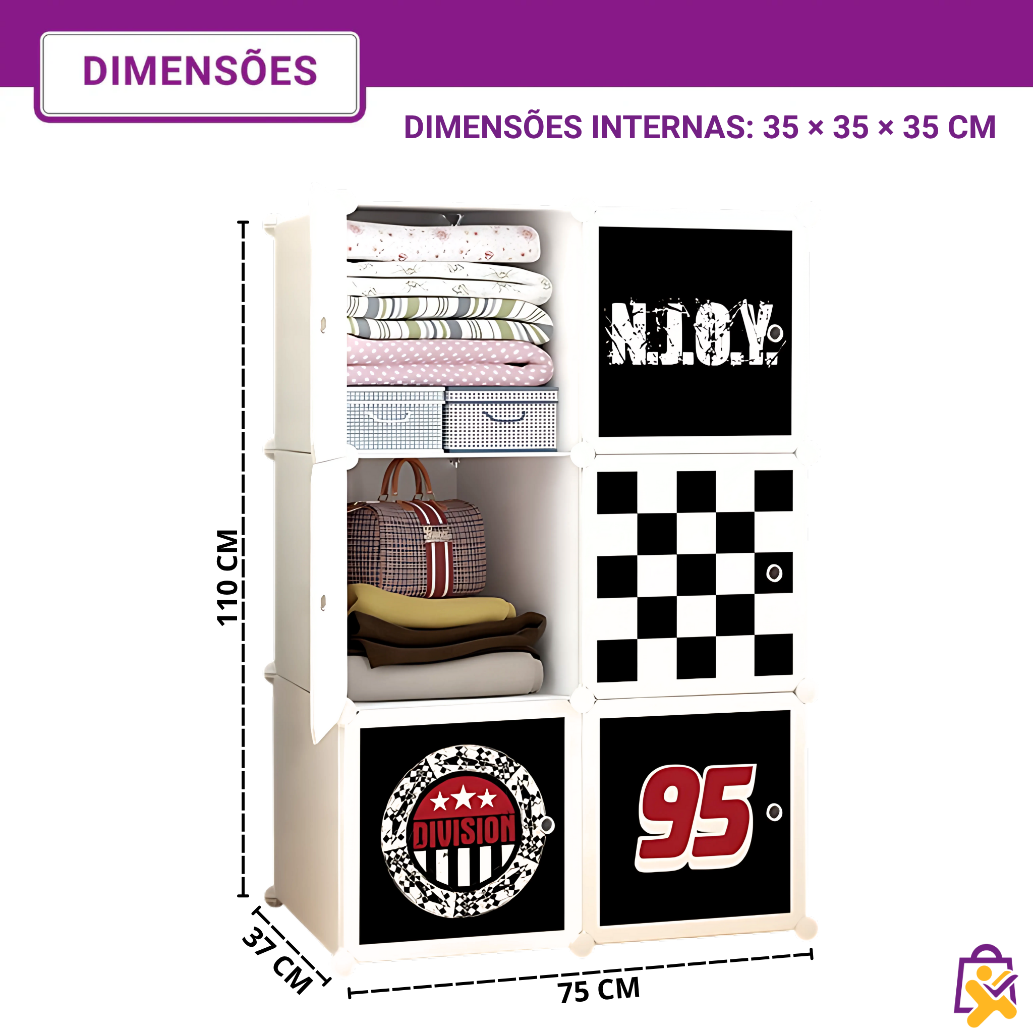 Guarda Roupa Infantil Modular Estampa Esportiva 95 Racing Organizador Roupas Criança Colorido