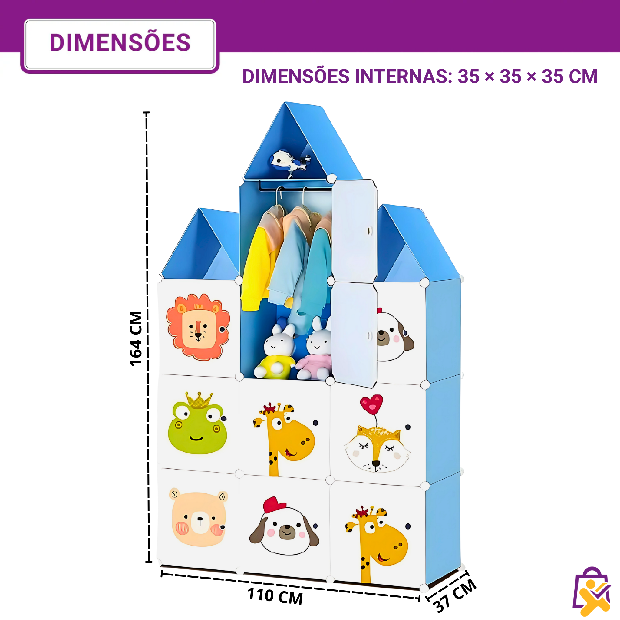 Guarda Roupa Infantil Modular Formato Casinha Estampas Animais Colorido Lúdico Organizador