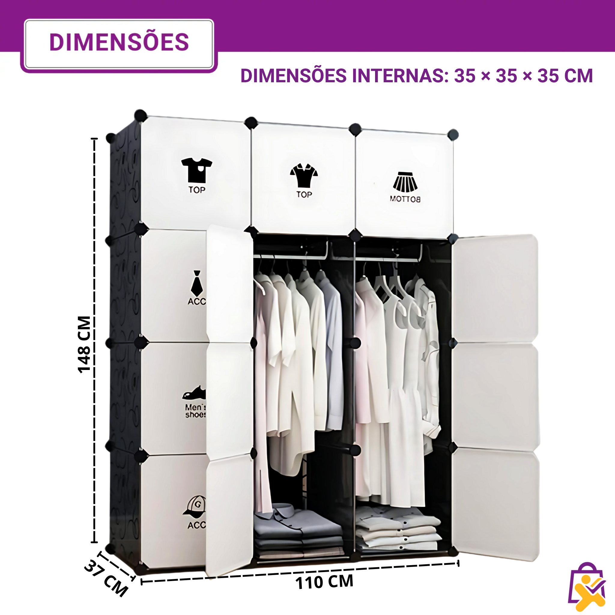 Guarda Roupa Modular 3 Colunas Organizador Roupas Sapatos Ícones Organização Preto Branco Fácil Montagem