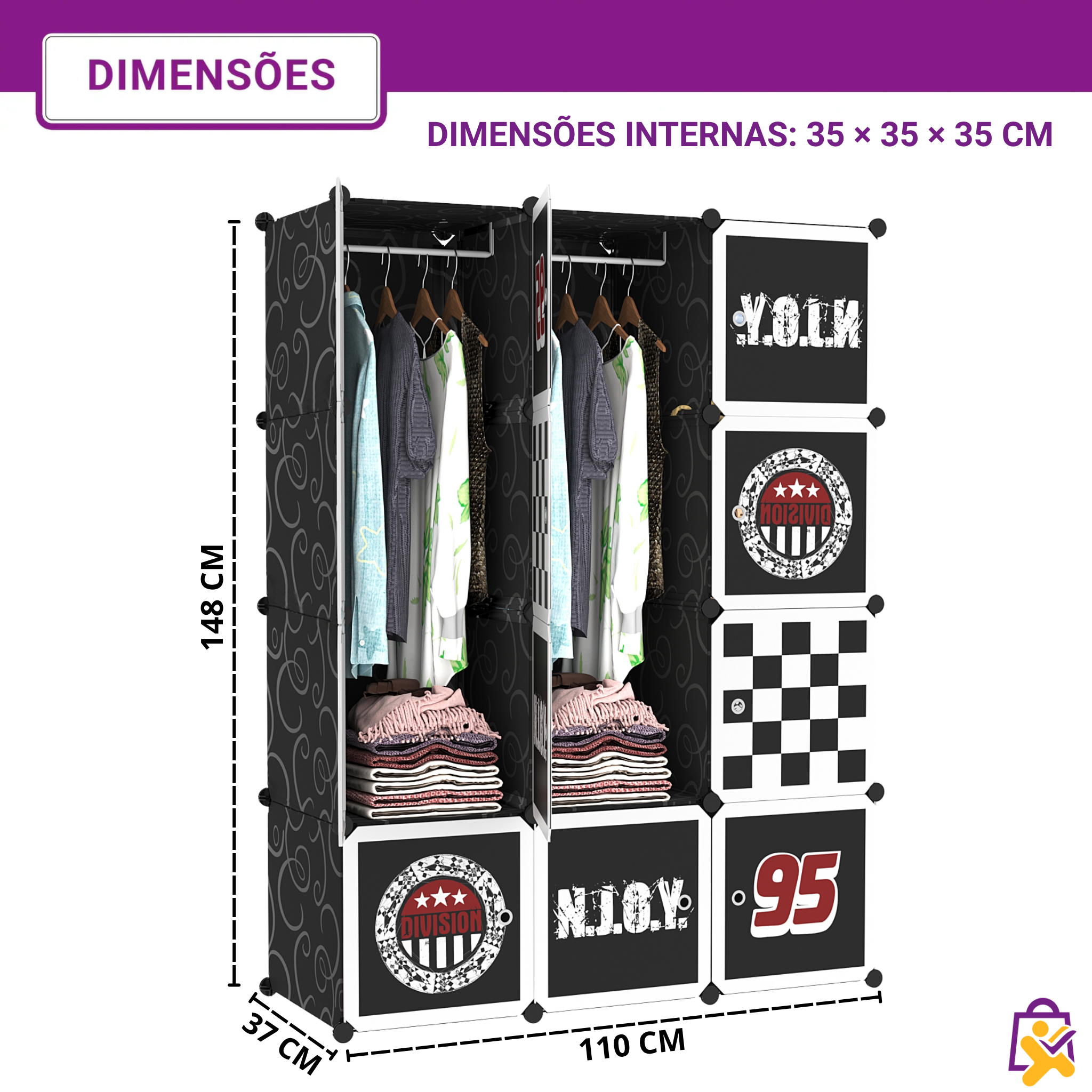 Guarda Roupa Infantil Modular Triplo Estampa Esportiva Racing Club 95 Organizador 3 Portas
