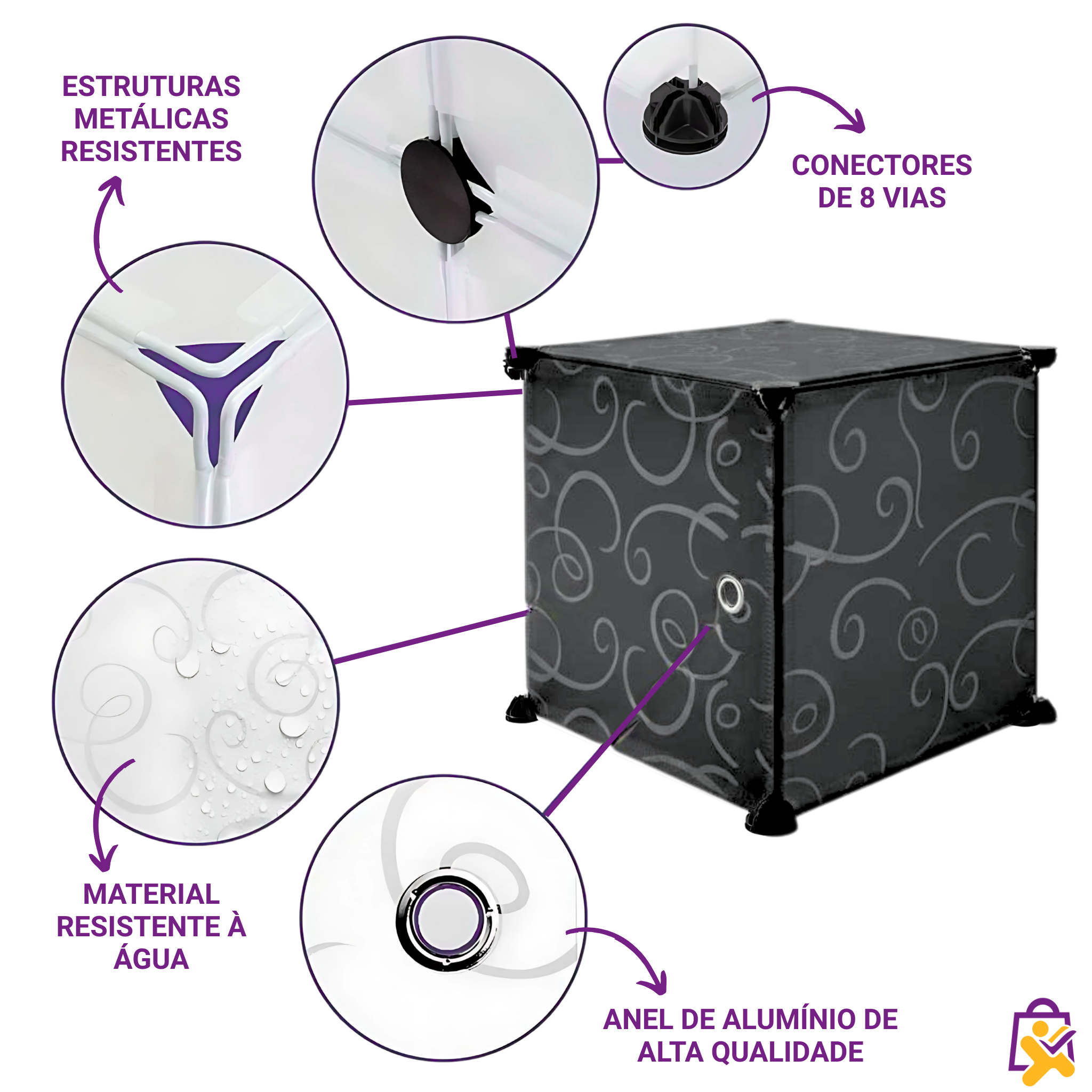 Guarda Roupa Modular 3 Colunas Organizador Roupas Sapatos Ícones Organização Preto Branco Fácil Montagem
