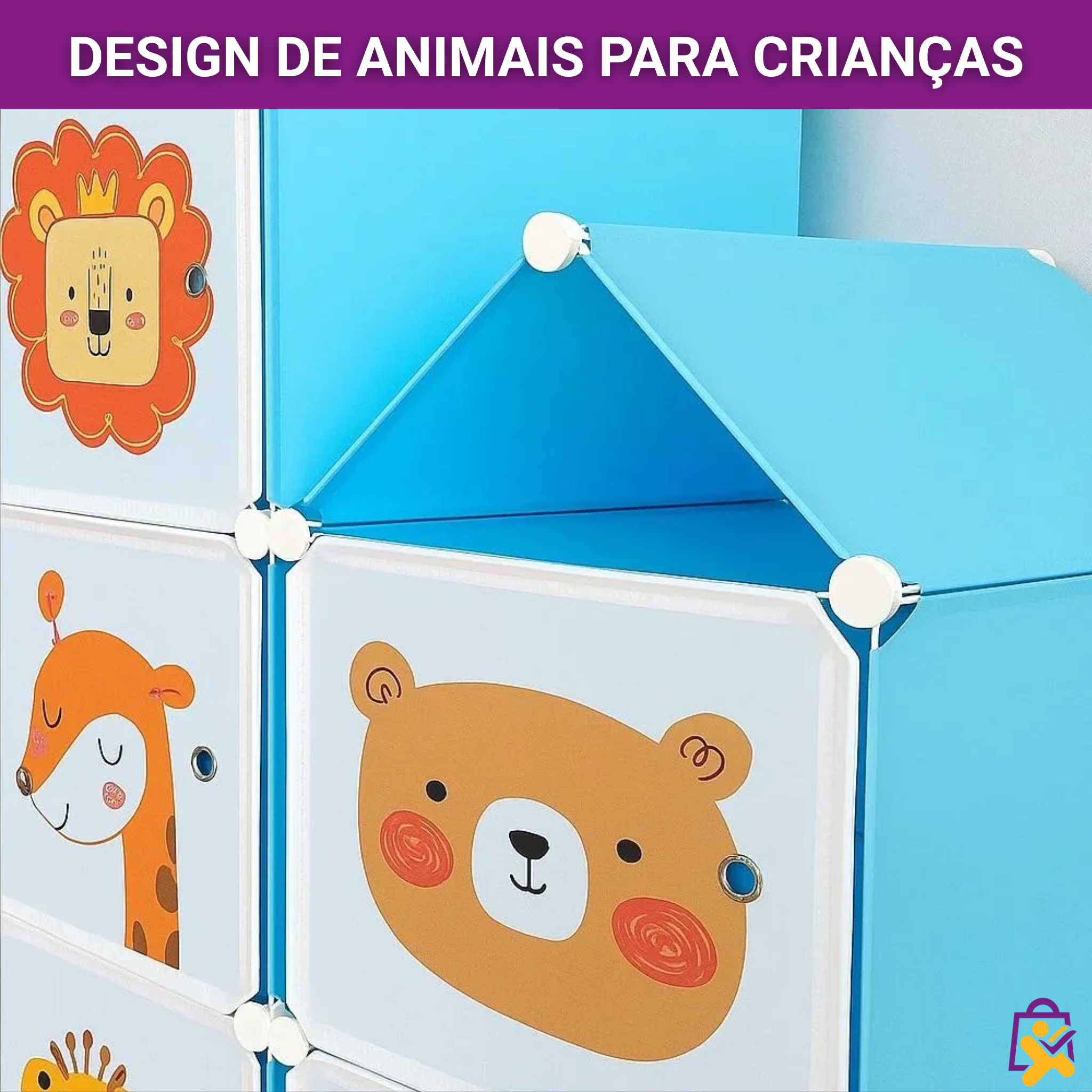 Guarda Roupa Infantil Modular Formato Casinha Estampas Animais Colorido Lúdico Organizador