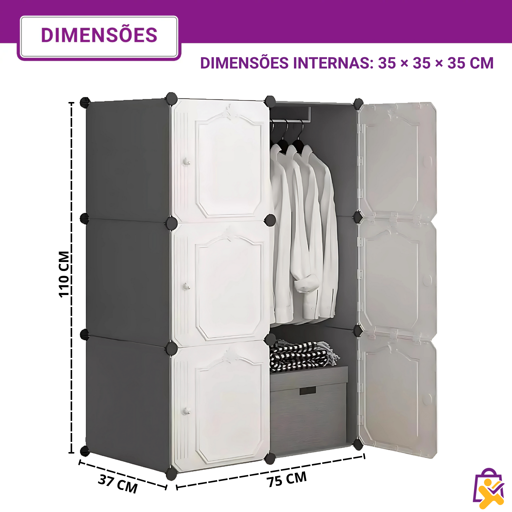 Guarda Roupa Modular Dobrável 3 Portas Cabideiro Branco Design Clássico Prático Organizador