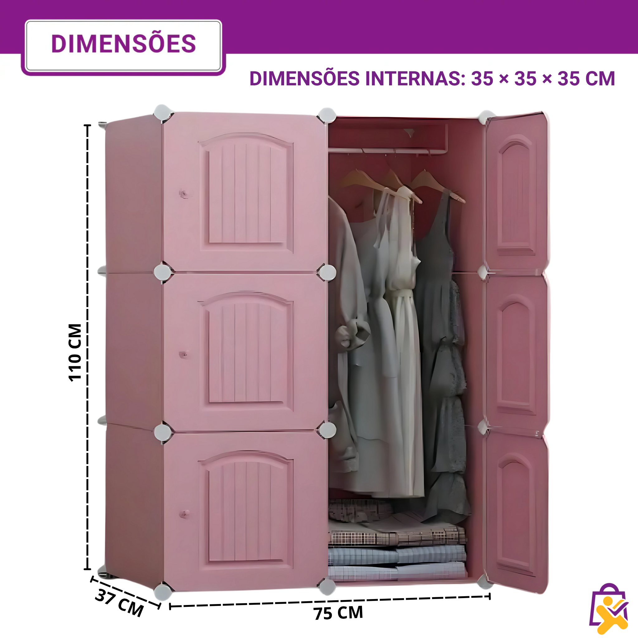 Guarda Roupa Modular Dobrável 3 Portas Cabideiro Rosa Design Clássico Prático Organizador