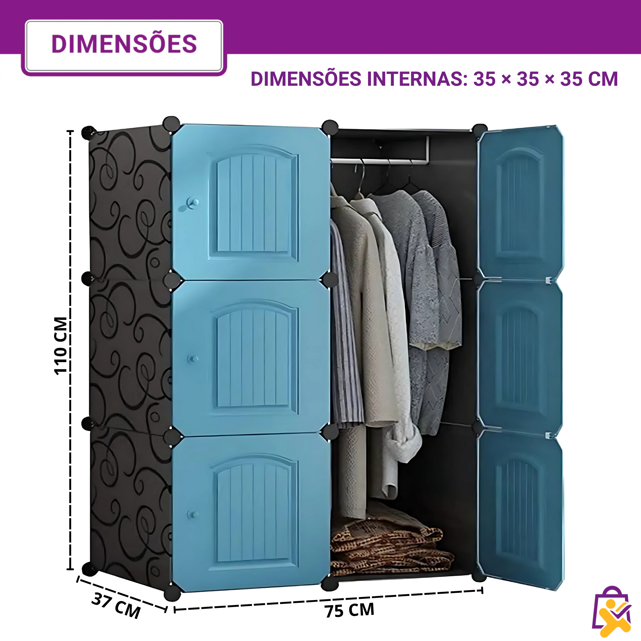 Guarda Roupa Modular Dobrável 3 Portas Cabideiro Azul Design Clássico Prático Organizador