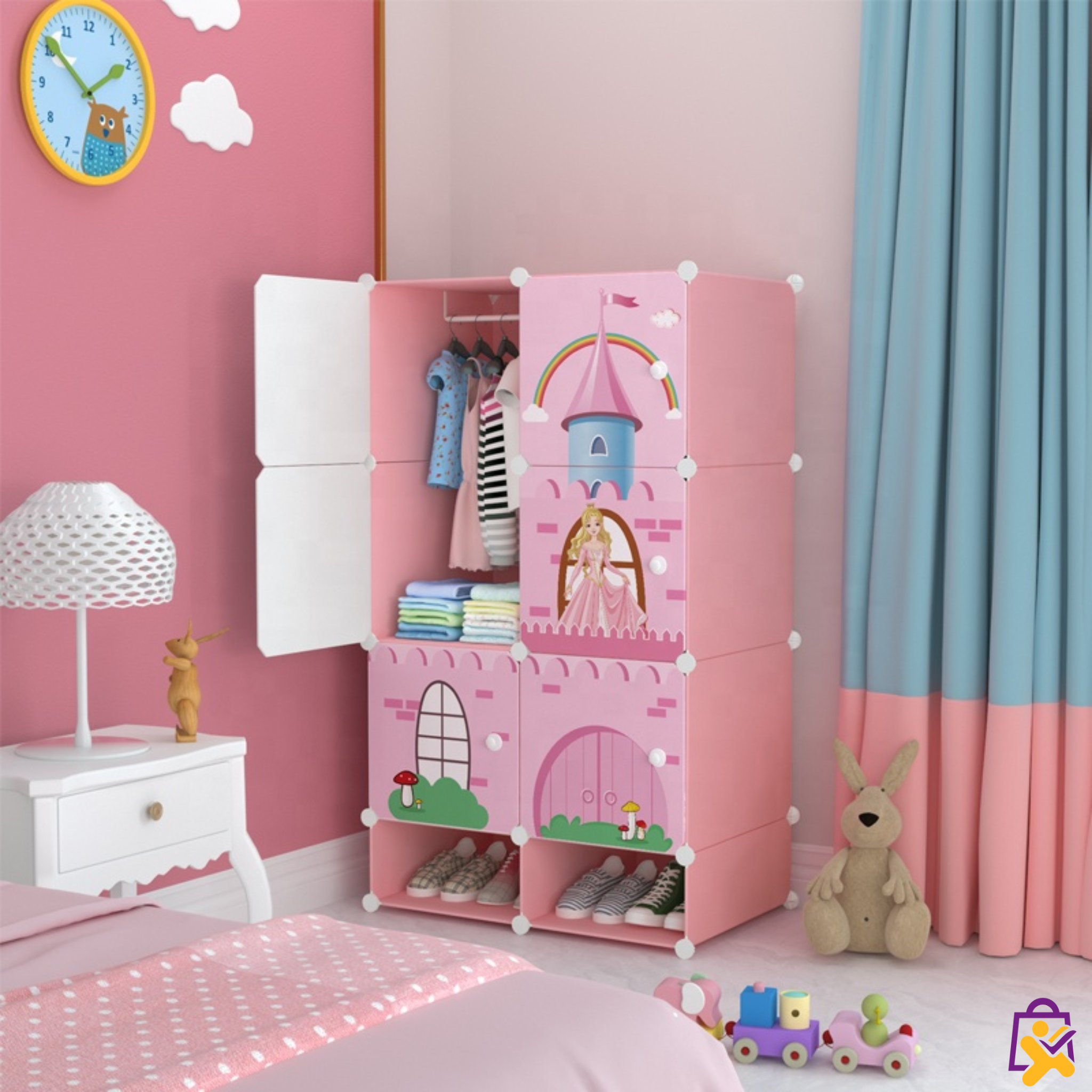 Armário Infantil Modular Castelo Princesa Rosa 9 Compartimentos Cabideiro Organizador Roupas