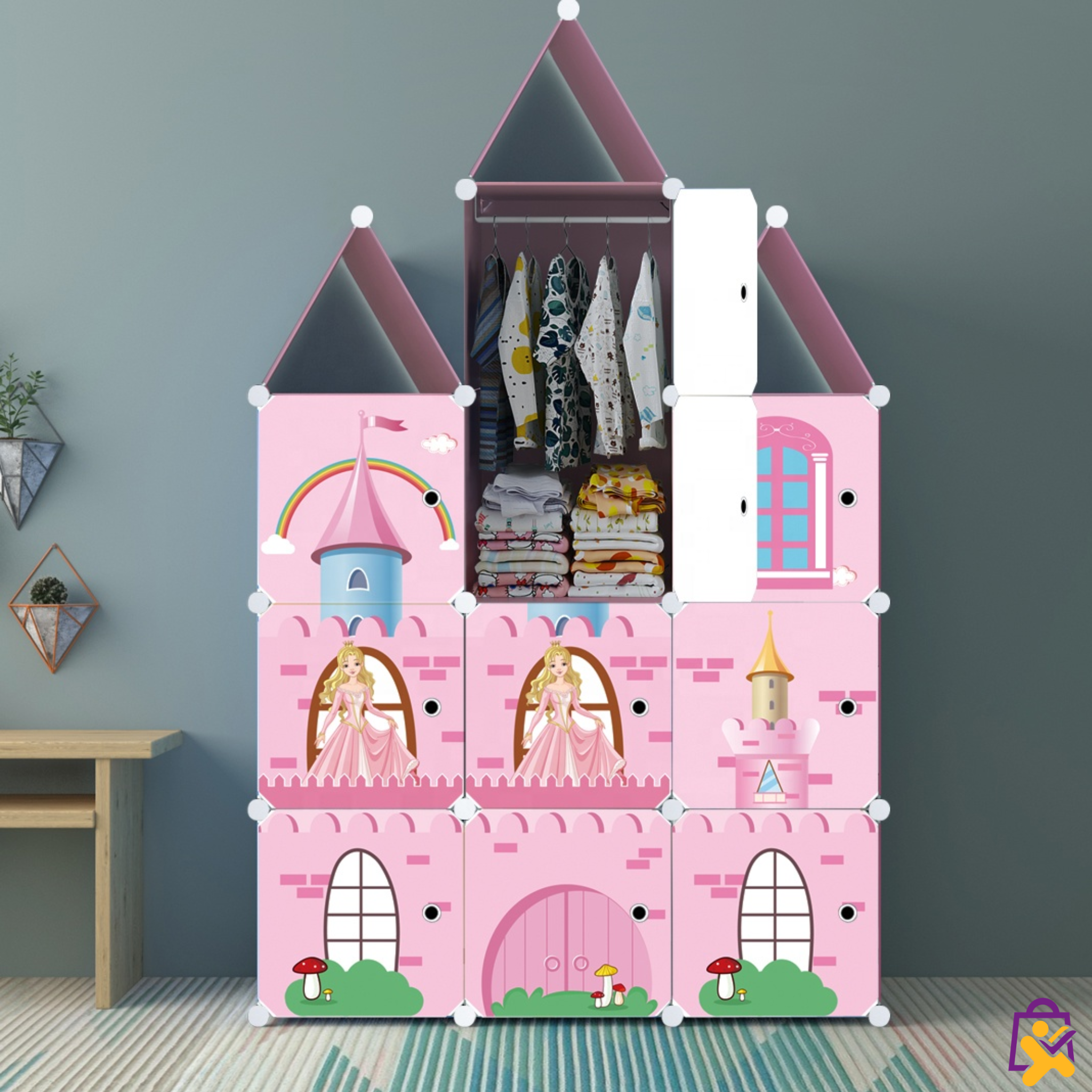 Organizador Infantil Modular Castelo Princesa Rosa 12 Cubos Telhado Roupas Brinquedos DIY