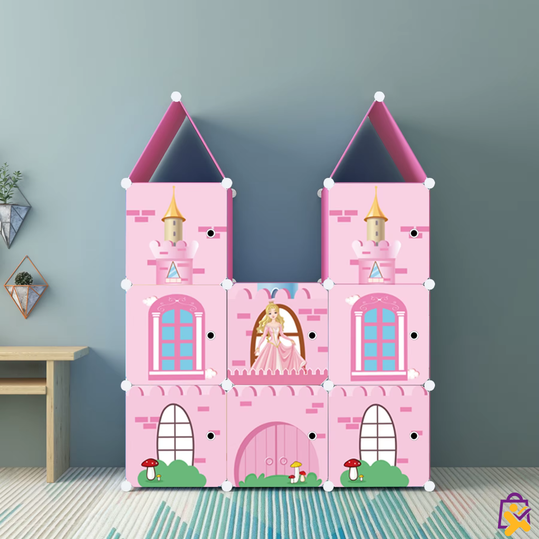 Armário Infantil Modular Castelo Rosa Plástico Organizador Roupas Brinquedos Criança DIY Multiuso
