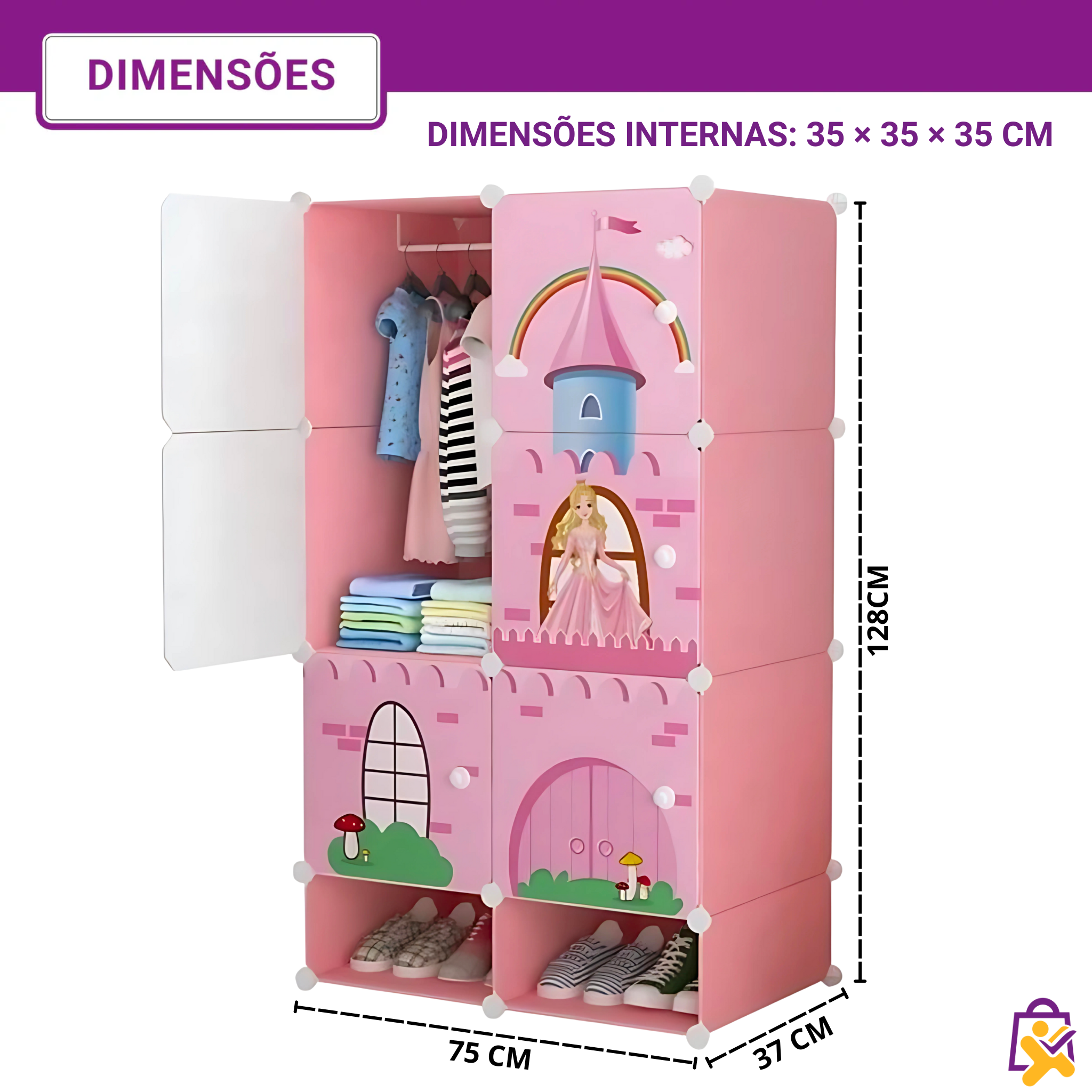 Armário Infantil Modular Castelo Princesa Rosa 9 Compartimentos Cabideiro Organizador Roupas