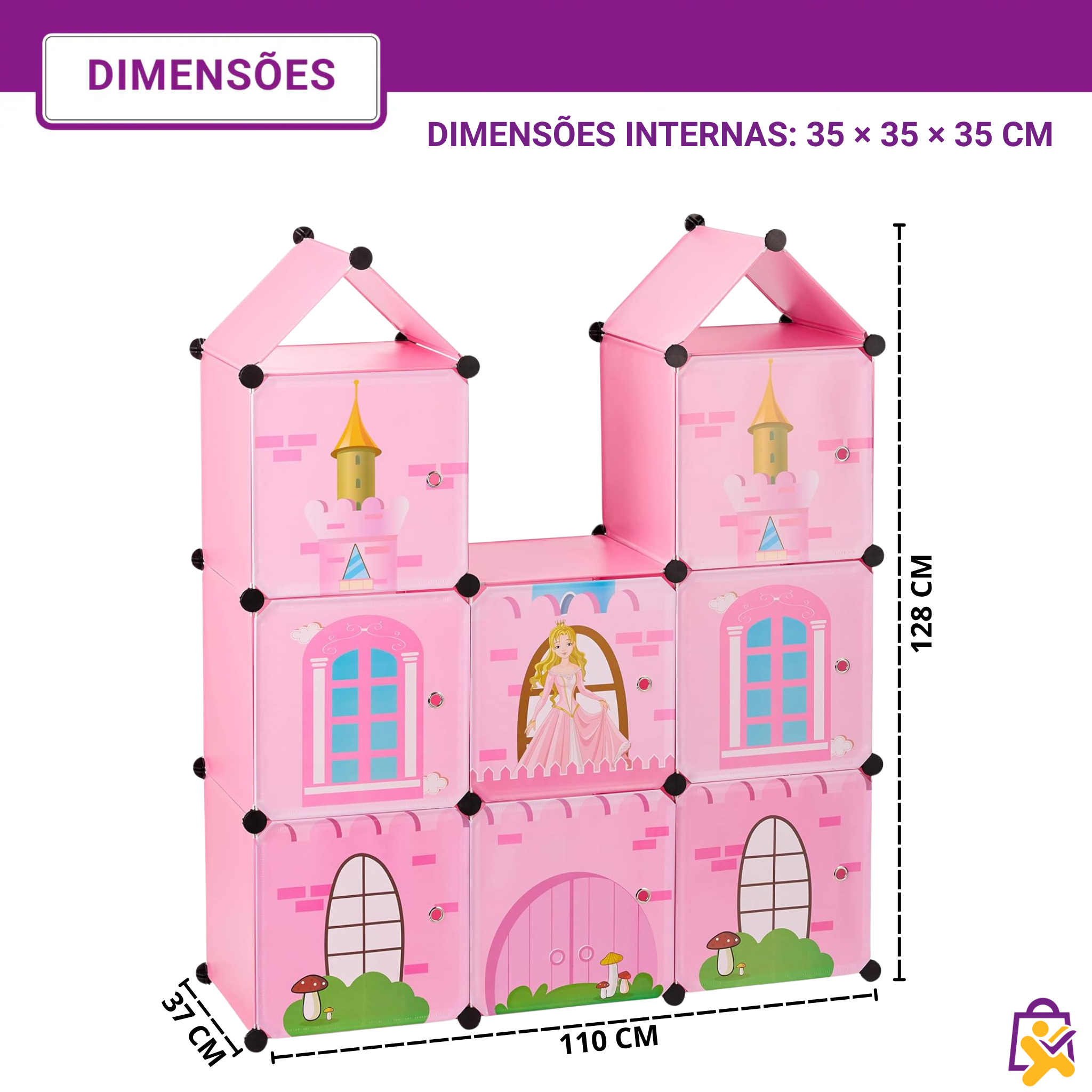 Armário Infantil Modular Castelo Rosa Plástico Organizador Roupas Brinquedos Criança DIY Multiuso