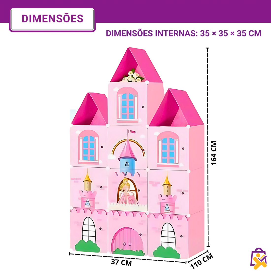 Organizador Infantil Modular Castelo Princesa Rosa 12 Cubos Telhado Roupas Brinquedos DIY