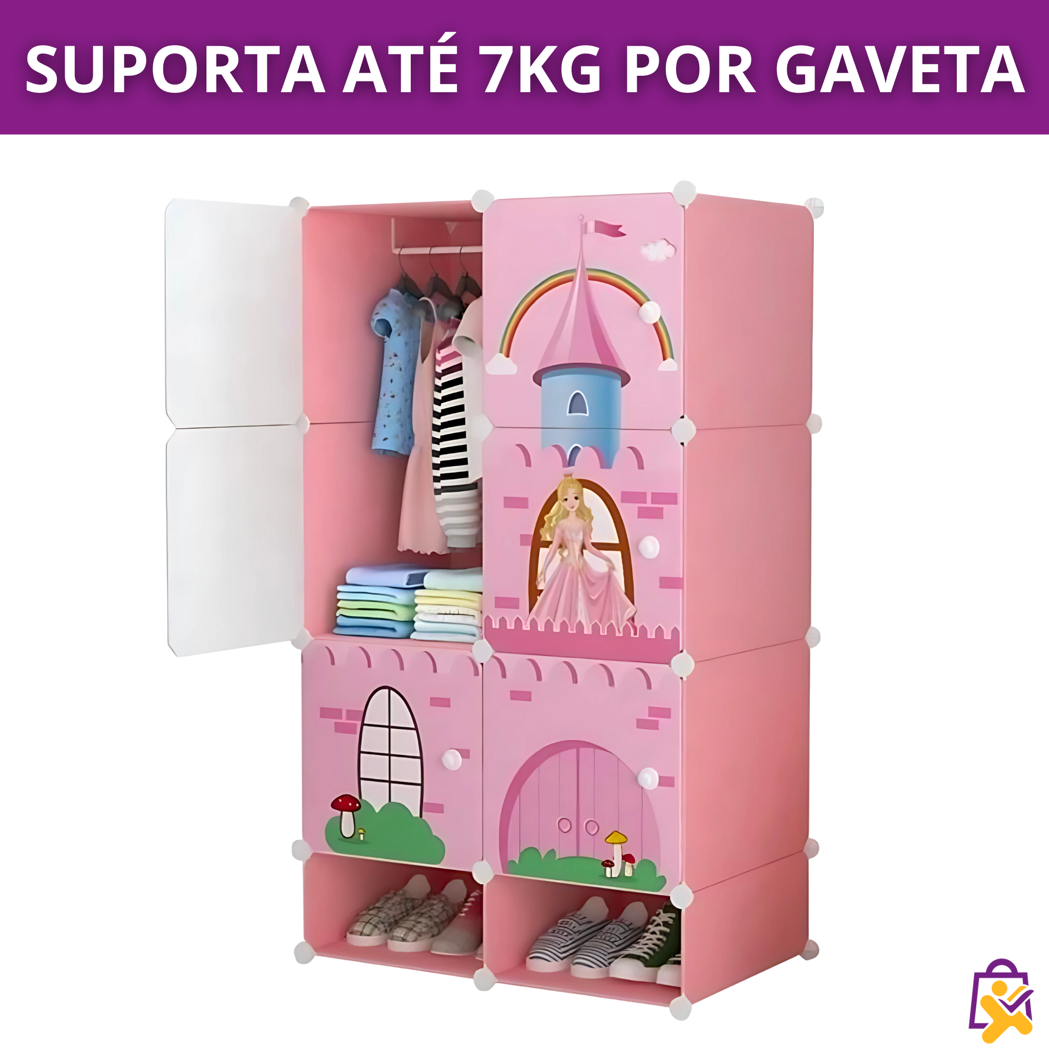 Armário Infantil Modular Castelo Princesa Rosa 9 Compartimentos Cabideiro Organizador Roupas