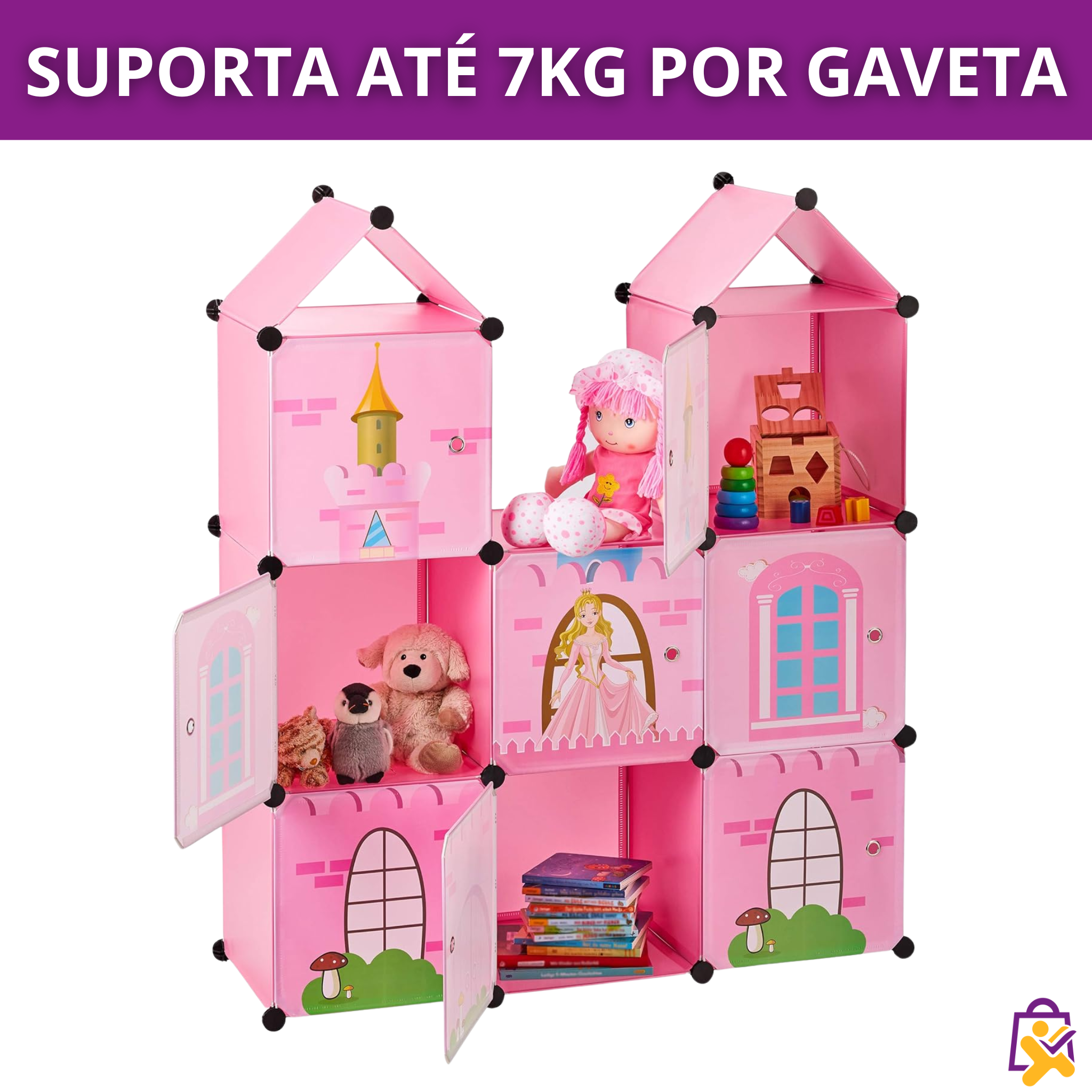 Armário Infantil Modular Castelo Rosa Plástico Organizador Roupas Brinquedos Criança DIY Multiuso