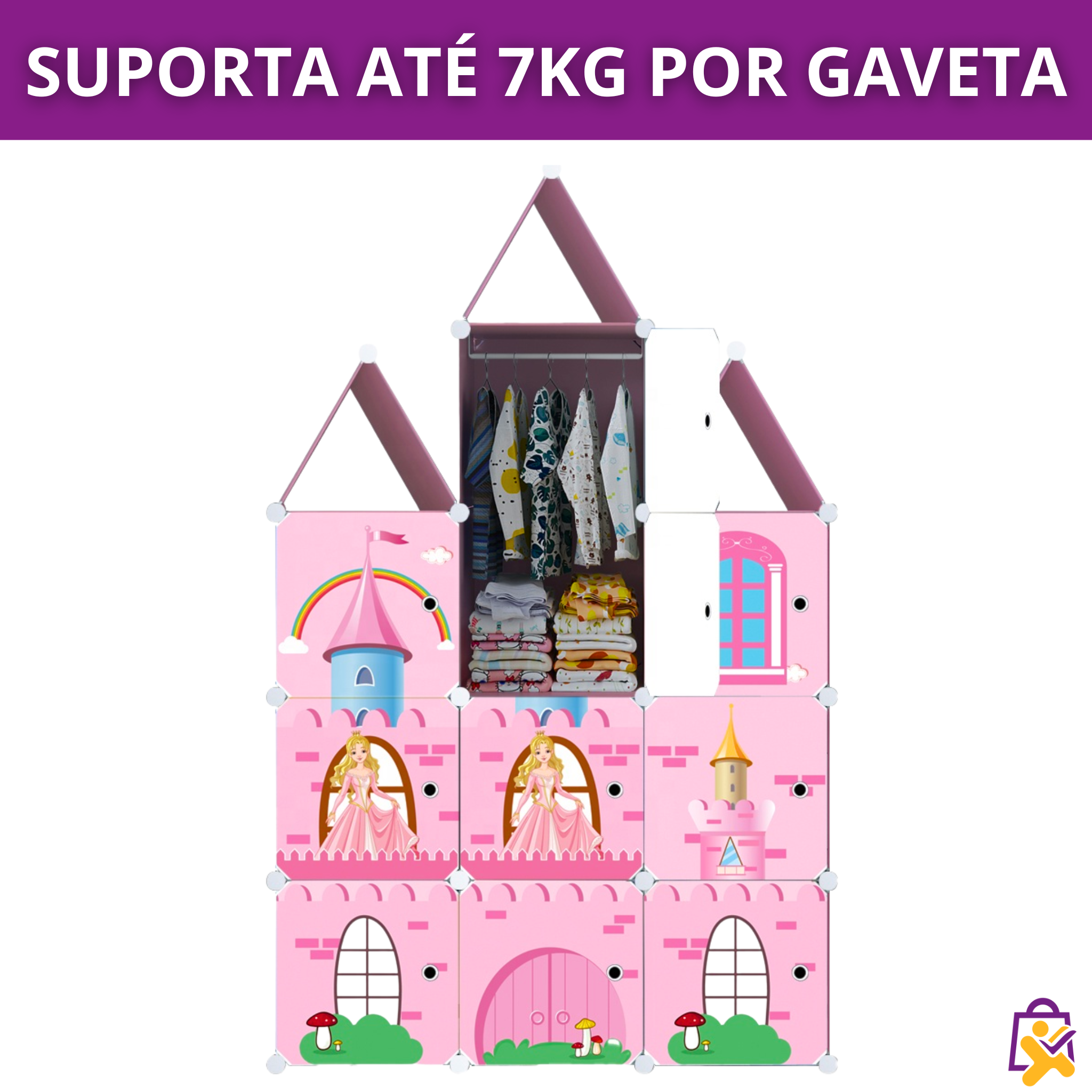 Organizador Infantil Modular Castelo Princesa Rosa 12 Cubos Telhado Roupas Brinquedos DIY